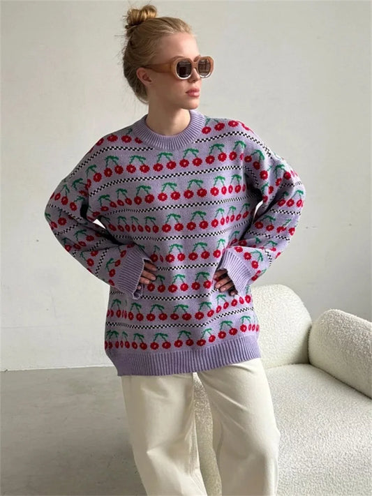 Suéter de punto estampado para mujer, jersey holgado de patchwork con contraste, manga larga, estilo vintage, moda, jersey de punto para mujer