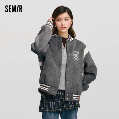 Abrigo para mujer, chaqueta holgada con bordado de patchwork y contraste de colores, nueva chaqueta de béisbol de lana sintética para invierno.