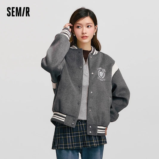 Coat Women Embroidery Patchwork Contrast Color Loose Jacket  New Winter Imitation Woolen Baseball Jacket