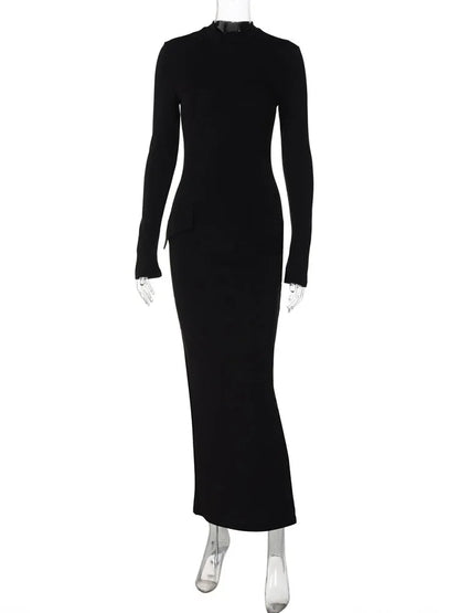 Half Turtleneck Long Sleeves Maxi Dress Fashion Office Lady Clothing Back Slit Gown Dress Female Solid Streetwear Autumn