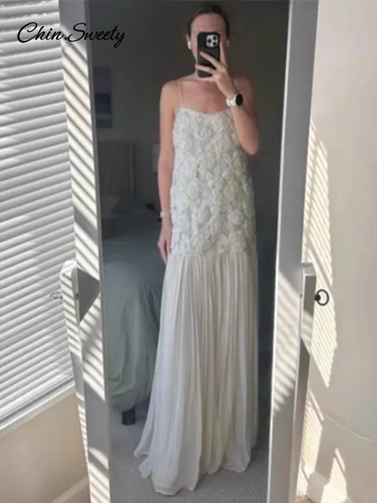 Elegante vestido largo blanco con estampado floral 3D para mujer, con retazos, espalda descubierta, plisado, para fiesta de noche, verano 2025, corte A