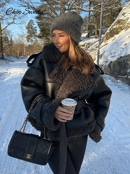 Abrigo de piel de oveja con parches vintage para mujer, chaqueta gruesa y cálida de manga larga con cordones y solapa, ropa de calle gruesa de invierno