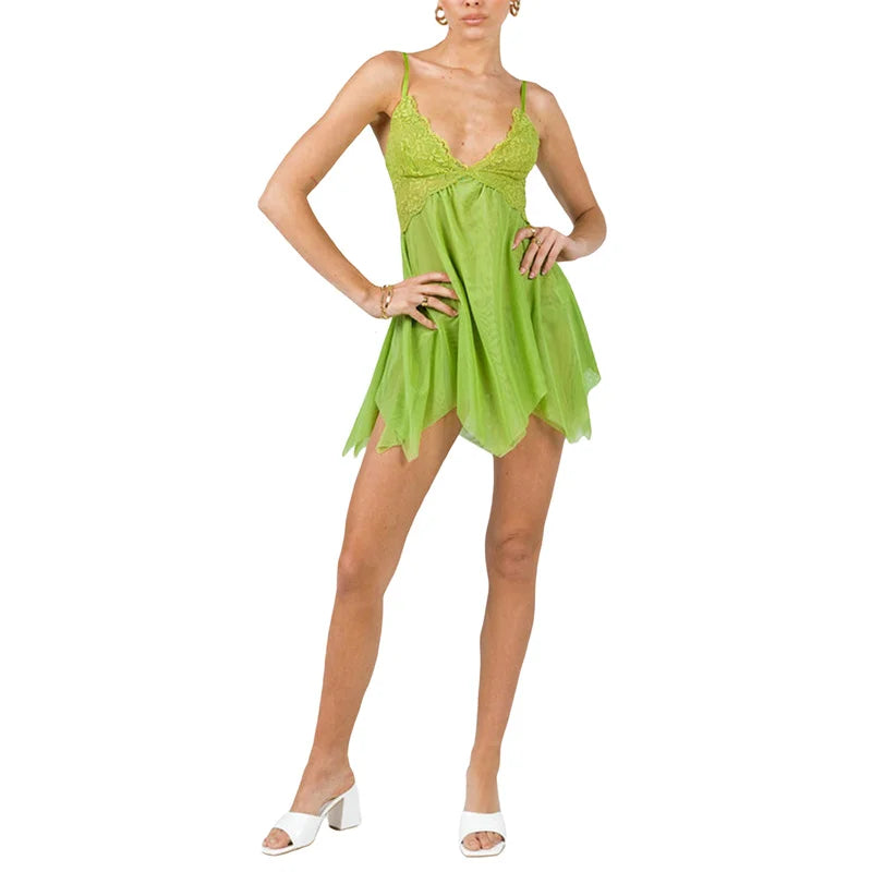 Vestido de hada para mujer, de encaje verde, con tirantes finos, sin mangas, de malla, corte A, minivestido para Halloween, cosplay, ropa de club.
