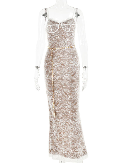 Vestido sexy de encaje con estampado de doble capa para mujer, ajustado, sin espalda, con colgante de corazón de metal, vestido largo para fiesta, club, vestido de noche