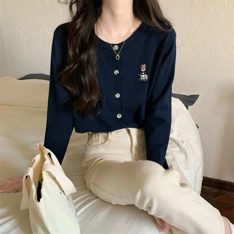 Cárdigan de punto para mujer, jersey coreano de manga larga con una hilera de botones, cárdigan elegante de cuello redondo, prendas de vestir exteriores para primavera y otoño