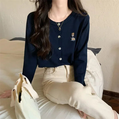 Cárdigan de punto para mujer, jersey coreano de manga larga con una hilera de botones, cárdigan elegante de cuello redondo, prendas de vestir exteriores para primavera y otoño