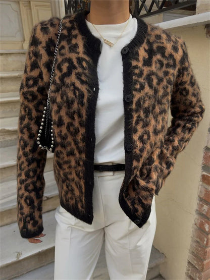 Suéter tipo cárdigan de leopardo para mujer, con estampado de moda en contraste, holgado, de manga larga, para ir al trabajo, cárdigan de otoño para mujer