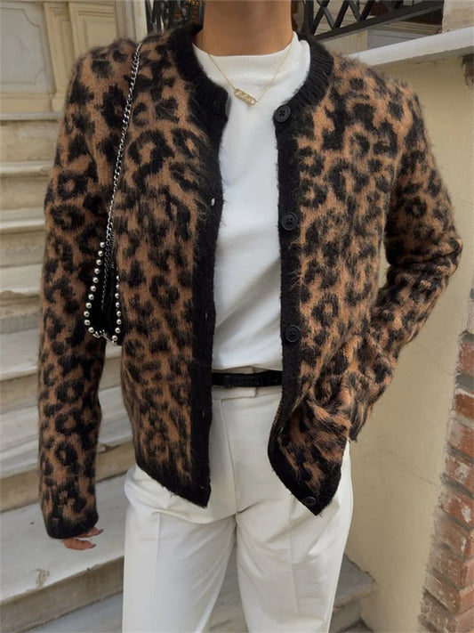 Suéter tipo cárdigan de leopardo para mujer, con estampado de moda en contraste, holgado, de manga larga, para ir al trabajo, cárdigan de otoño para mujer