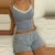 Conjunto de 2 piezas de pijama kawaii con cuello en V, camiseta sin mangas, top corto y pantalones cortos, ropa informal a rayas con ribete de encaje, estilo retro Y2K para mujer