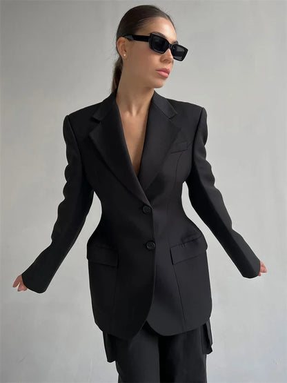 Traje de solapa negra para mujer, abrigo elegante de manga larga con bolsillos y retazos, blazer de cintura alta para otoño 2025