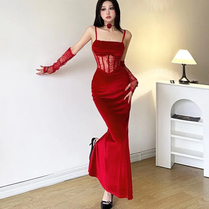 Vestidos sexis ajustados de terciopelo para mujer, corsé con tirantes finos y abertura en la cintura, vestido de fiesta de noche, bata de graduación, vestidos de Navidad