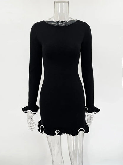 Autumn New Knitted Mini Dress For Women Fungus Contrast Color Slim Sweater Dress Elegant Female Party Clothes Long Sleeve