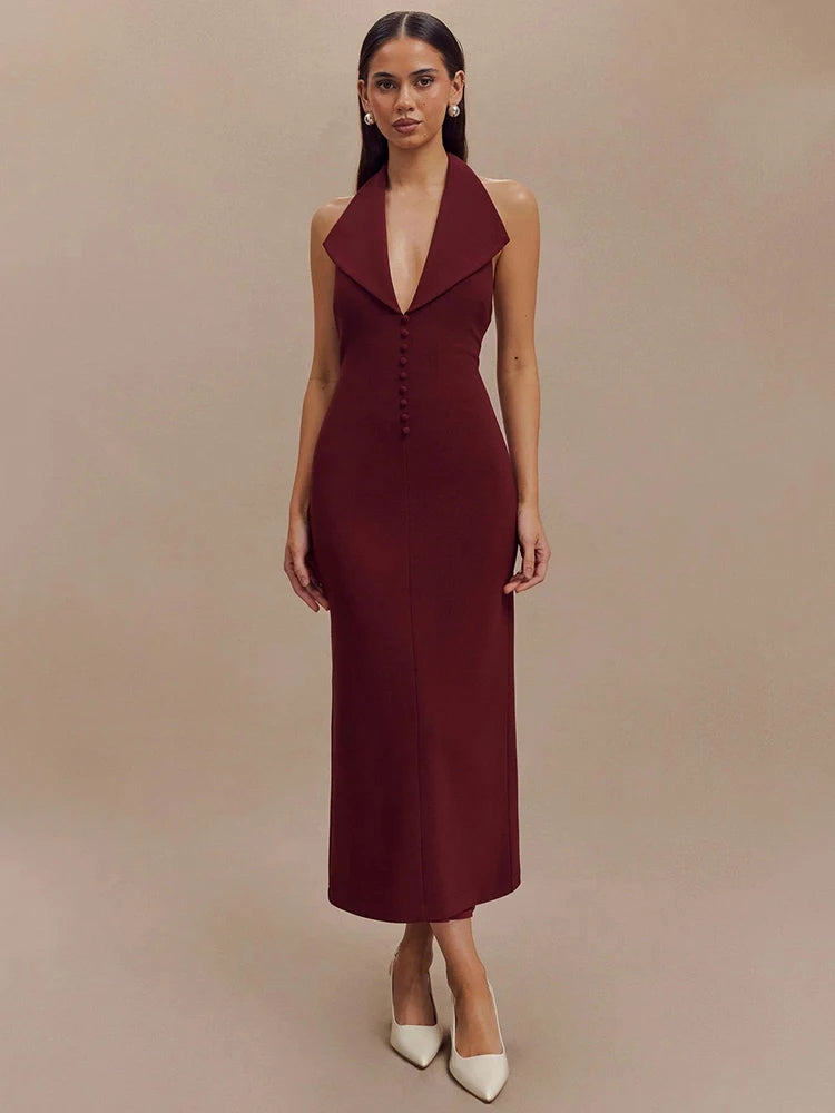 Vestido largo sexy sin mangas con escote en V profundo y cuello halter para mujer, elegante vestido ajustado con espalda descubierta y tirantes finos, vestido largo de moda para mujer