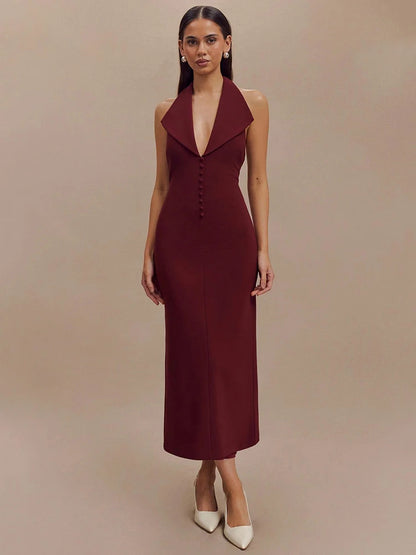 Vestido largo sexy sin mangas con escote en V profundo y cuello halter para mujer, elegante vestido ajustado con espalda descubierta y tirantes finos, vestido largo de moda para mujer