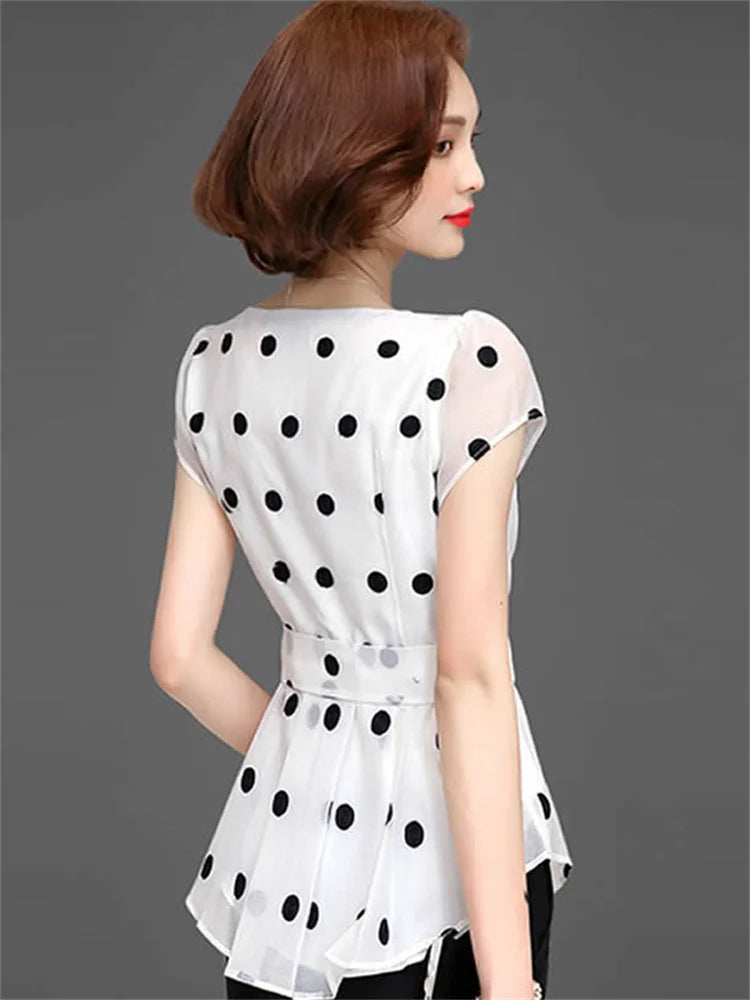 Blusas informales de gasa de verano para mujer, camisas de manga corta con cuello redondo y estampado de lunares, DF2824