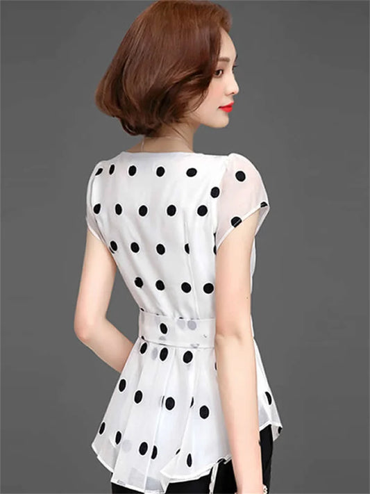 Blusas informales de gasa de verano para mujer, camisas de manga corta con cuello redondo y estampado de lunares, DF2824