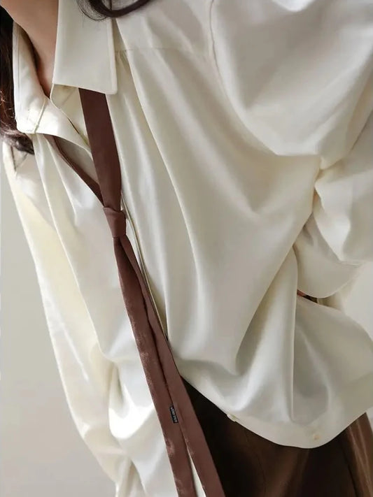 Camisa minimalista de manga larga con botones para mujer, estilo coreano, con lazo liso, de gran tamaño, holgada, para otoño