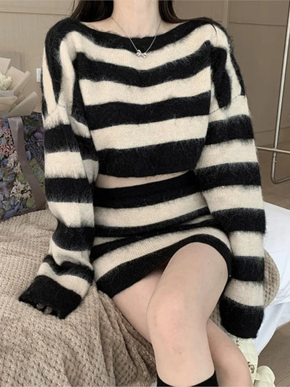 Autumn Striped Two-piece Skirt Set Women Long Sleeve Cropped Off Shoulder Top Bodycon Mini Skirt Korean Fashion Suits New