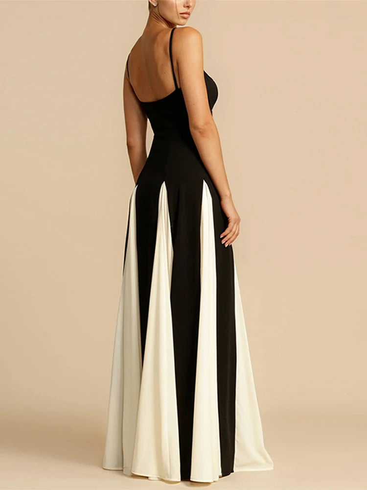 Fashion Patchwork Strap Maxi Dress Women Sexy Sleeveless Backless Female Sling Dresses  Summer New Party Lady Robe