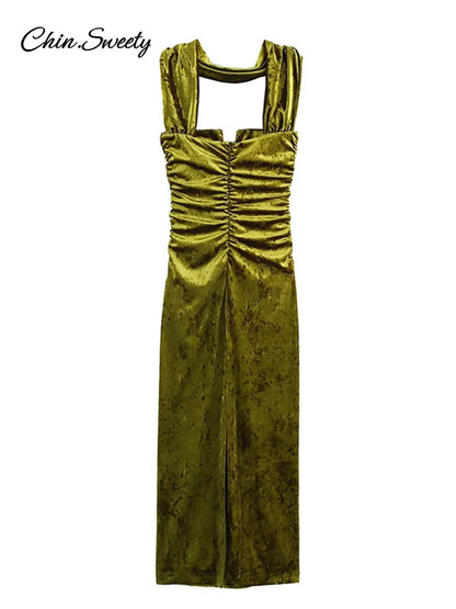 Elegant Halter Velvet Midi Dresses Women Backless Pleated Zipper Green Party Dress Female 2025 Spring Summer Lady Slim Fit Robes
