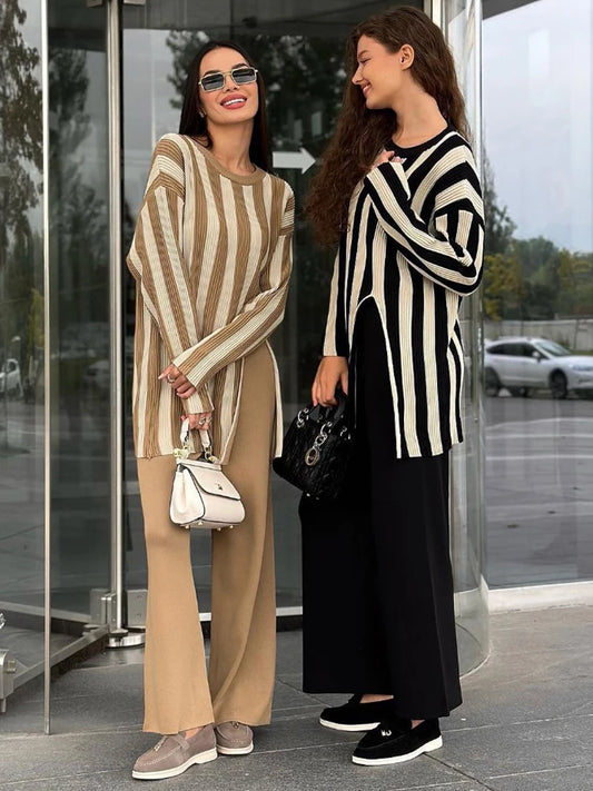 Striped Knitwear Fashion 2 Piece-Set For Women Contrast Long Sleeve Split Straight Trousers Outfits Women’s Pants Sets
