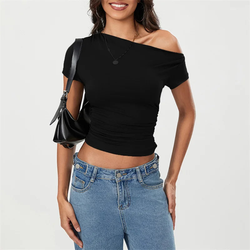 y2k Crop Top Women Summer Grunge Clothes Oblique Shoulder Sleeveless Ruched T Shirt Vest 2000s Clothing Streetwear