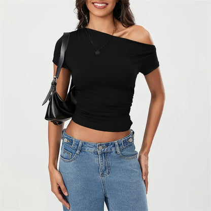 y2k Crop Top Women Summer Grunge Clothes Oblique Shoulder Sleeveless Ruched T Shirt Vest 2000s Clothing Streetwear