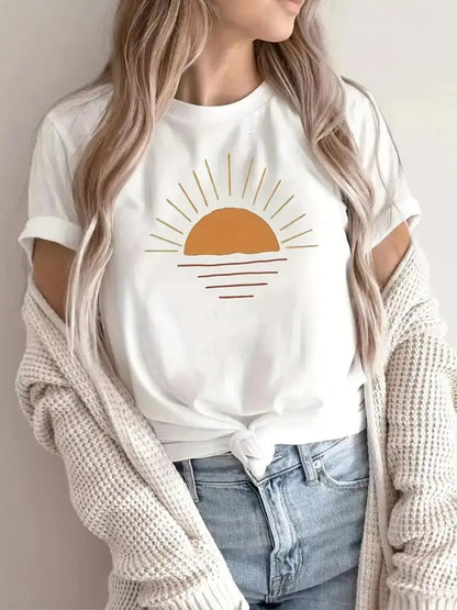 Camiseta con estampado creativo de sol para mujer, tops de verano de hip hop, cuello redondo, manga corta combinable, de algodón, ropa cómoda para mujer