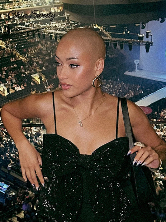 Camiseta sin mangas con lazo grande y lentejuelas para mujer, negra, sin mangas, sin espalda, con cremallera, estilo Y2K, ropa de fiesta para mujer