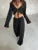 Conjunto informal de dos piezas para mujer, con cuello en V, manga larga con cordones y pantalones de cintura alta.