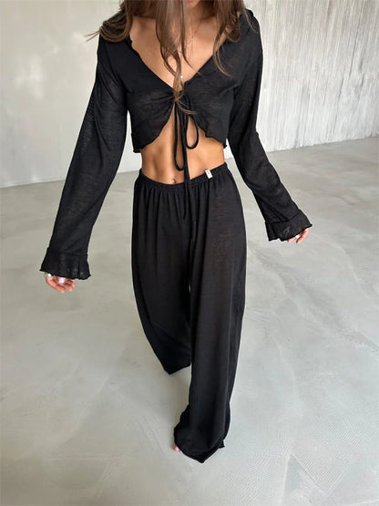 Conjunto informal de dos piezas para mujer, con cuello en V, manga larga con cordones y pantalones de cintura alta.