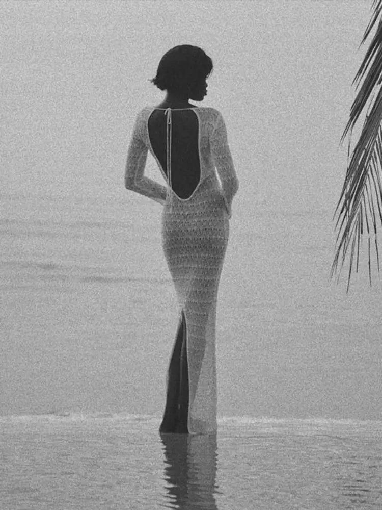 Elegant Hollow Out Knitted Long Dress Women Sexy Backless Solid Long Sleeve Slim Maxi Dresses Female Chic Party Beach Holiday
