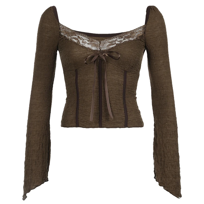 Blusa de manga larga marrón con escote en V y ribete de encaje Hotsweet, con lazo y mangas acampanadas, estilo elegante Y2k para otoño.