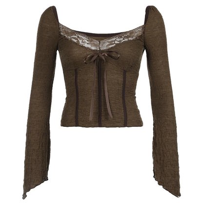 Blusa de manga larga marrón con escote en V y ribete de encaje Hotsweet, con lazo y mangas acampanadas, estilo elegante Y2k para otoño.