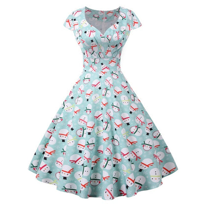 2025 Christmas Festival Dress Up Party Dresses Women Fashion Print Folds V-neck A-line Dress Lady Vintage Commuting Vestidos New