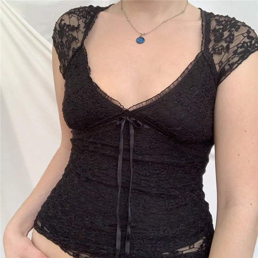 y2k Fairycore Grunge T Shirt  Summer Woman V Neck Lace Crop Tops Kawaii Aesthetic Tee Lolita Sweet Pullover Tops