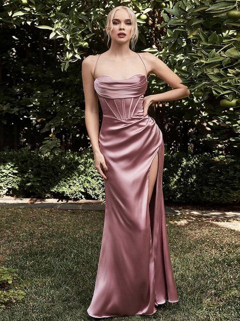 Vestido de noche sexy con abertura y cintura alta, sin espalda, elegante, largo, sin mangas, con cordones, irregular, para graduación