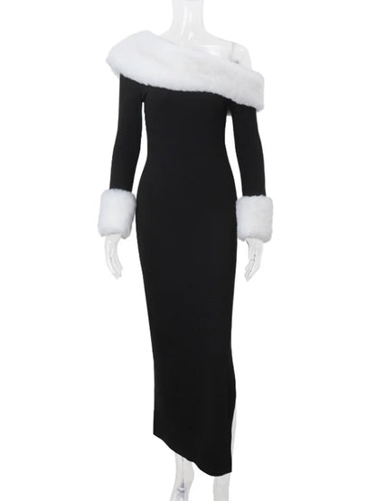 Vestido de manga larga con abertura y empalme de felpa para mujer, sexy, con cuello oblicuo, elegante, para fiesta de invierno.