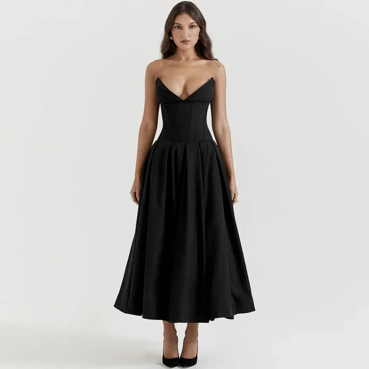 Vestido negro elegante para bodas, eventos, sexy, sin tirantes, con corsé, vestido midi para fiesta de Navidad, ropa para mujer.