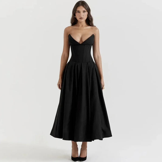 Vestido negro elegante para bodas, eventos, sexy, sin tirantes, con corsé, vestido midi para fiesta de Navidad, ropa para mujer.