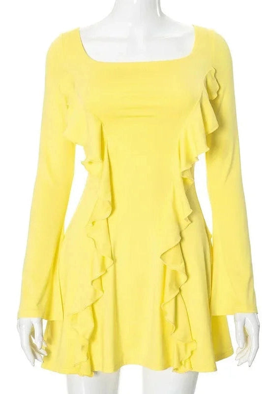 Lace Up Slim Patchwork A-Line Long Sleeve Mini Dress