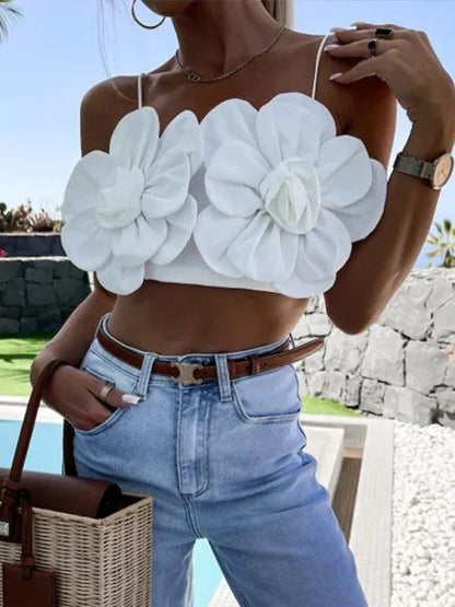 Sexy Chic 3d Floral Croptop Women Backless Sleeveless White Female Slip Vests  Spring Summer New Fashion Street Lady Tops