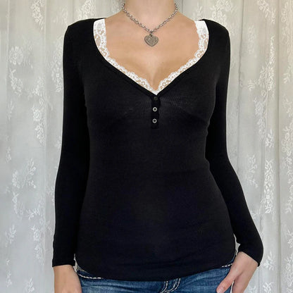 Contrast Lace Crew Neck Top Spring Casual Y2K Long Sleeve Buttons T-shirt Knitted Slim Basic Tee Shirt Streetwear 90s
