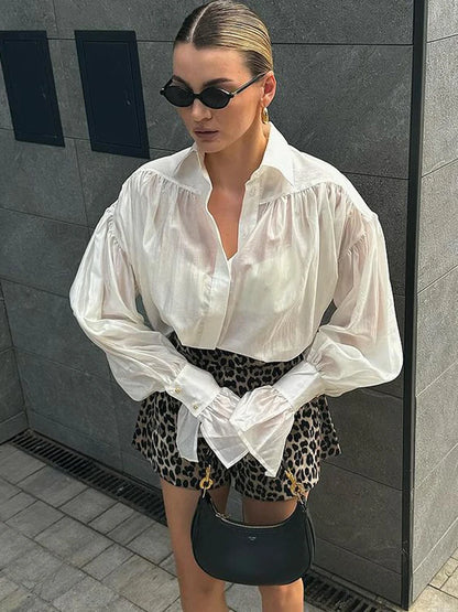Camisas casuales transparentes de otoño para mujer, cárdigan holgado y ajustado de manga larga con solapa, ropa de calle, camisas plisadas para mujer