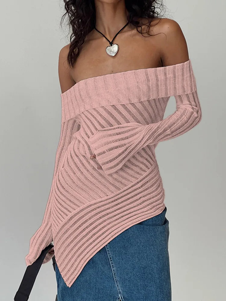 Camisetas clásicas fruncidas con tiras para mujer, top asimétrico único de manga larga acampanada con hombros descubiertos, corte entallado, ropa de calle salvaje para chicas