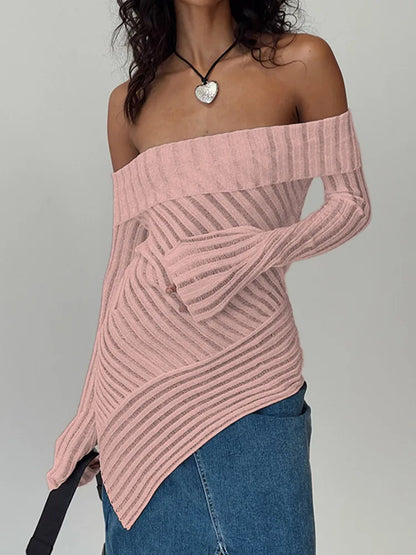 Camisetas clásicas fruncidas con tiras para mujer, top asimétrico único de manga larga acampanada con hombros descubiertos, corte entallado, ropa de calle salvaje para chicas