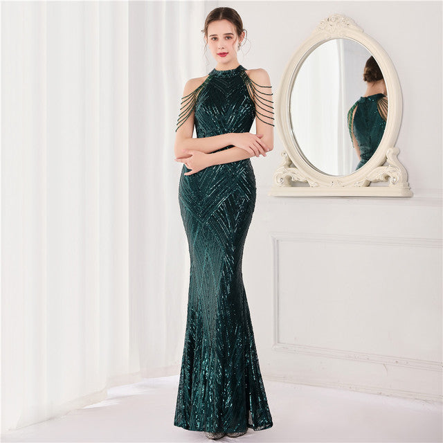 Vestido de noche elegante con cuello halter y lentejuelas, falda a la cadera con borlas de cristal, sin mangas, liso, con decoración de diamantes de imitación, vestido largo para mujer