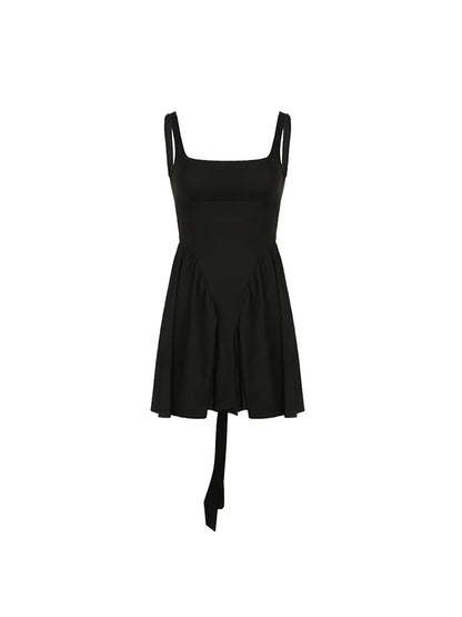 Vestido corto liso, elegante, a la moda, sin espalda, sexy, de corte A, sin mangas, con cuello cuadrado, ajustado y acampanado.