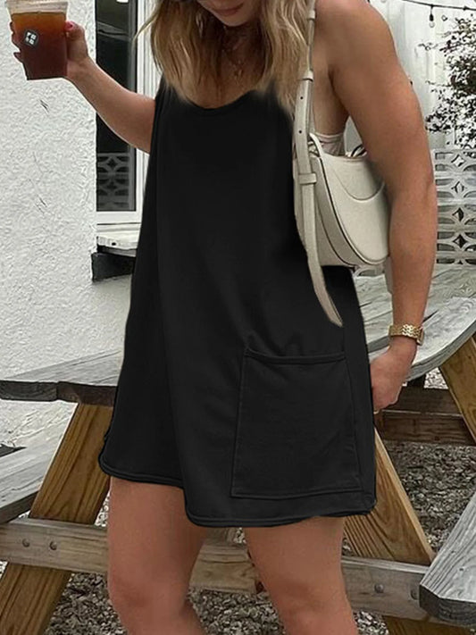 Black Solid Two Layers Wide Leg Rompers Womens Summer Vacation Casual Loose Sleeveless Dress Playsuits