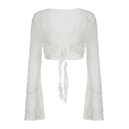 Cárdigan con mangas acampanadas y protector solar para mujer, moda Y2K, cuello en V, top corto, ropa de calle, camiseta blanca de punto con cordones